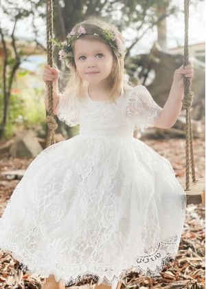 Short Sleeves Ivory Eyelash Lace Dreamy Flower Girl Dress